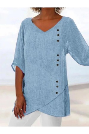 Casual Three Quarter V Neck Plus Size Tops