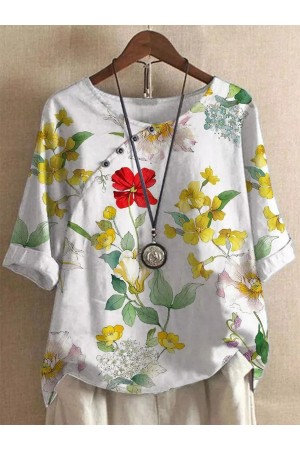 Floral Loose Crew Neck Tops