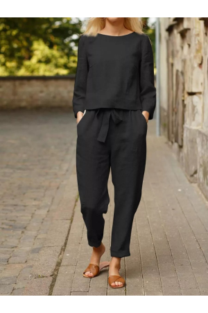 AUTUMN SOLID COLOR TOP AND TIE TROUSERS SUIT