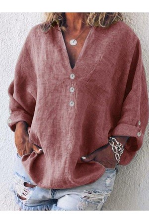 Buttoned V Neck CottonBlend Blouse