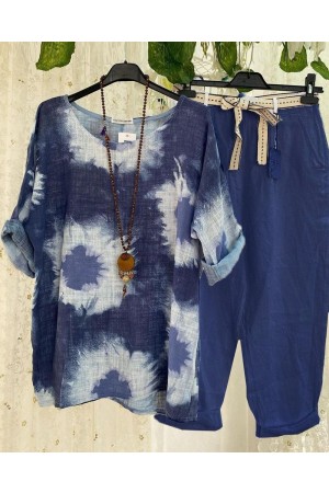 Cotton And Linen Printed Causal Two Piece Set
