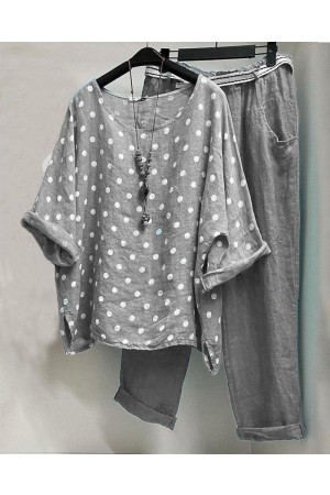 Autumn Round Neck Polka Dot Short Sleeve TwoPiece Suit
