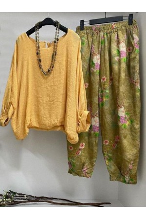 Yellow Plain Casual Crew Neck Suits