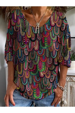 Casual VNeck Long Sleeve Vintage Print TShirt