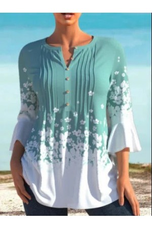 Floral Loose V Neck Casual Tops