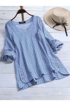 Casual Plaid Irregular Hem Button Long Sleeve Plus Size Blouse