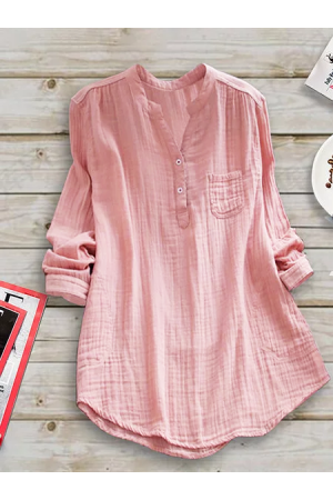 Casual Paneled Stand Collar Linen Plus Size Blouse