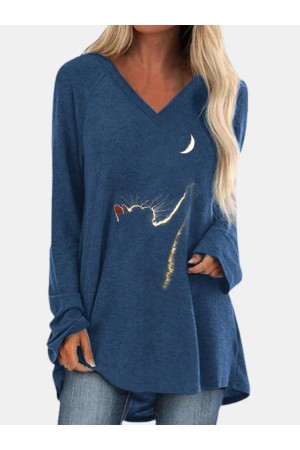 Cat Print Long Sleeves Vneck Casual Tshirt For Women