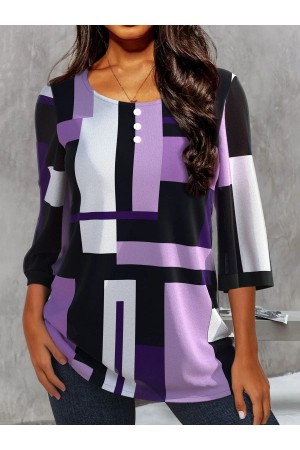 Crew Neck Geometric Casual Tops