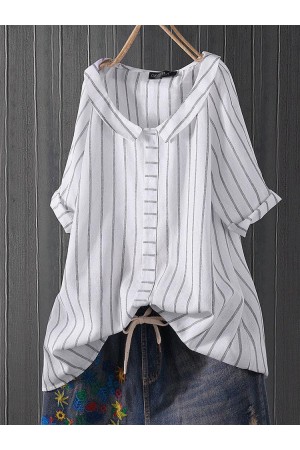Lapel Stripe Short Sleeve Casual Blouse