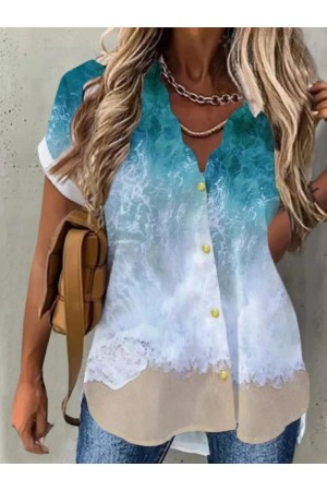 Casual Sea Short Sleeve V Neck Plus Size Printed Blouses
