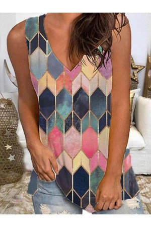 Stylish VNeck Geometric Printed Sleeveless Top