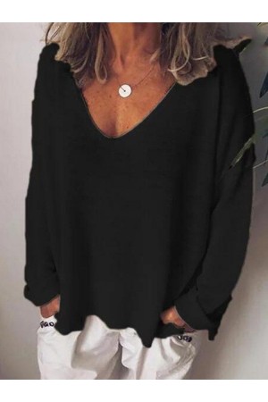 Long Sleeve Solid Color Vneck Casual Blouse
