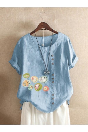 Crew Neck Short Sleeve Floral Cotton Shirts & Tops