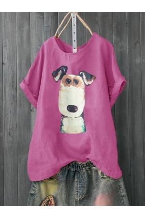 Cartoon Dog Print Short Sleeve Casual Tshirt For Women