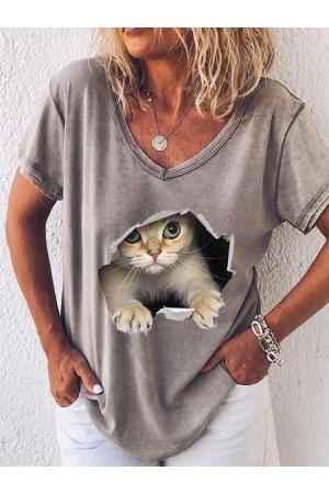 Casual Printed V neck Short Sleeve Shirts & Tops