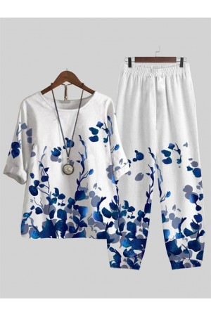 Floral Loose Casual V Neck TwoPiece Set