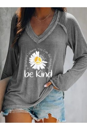 Casual V neck Long Sleeve Printed Tshirt