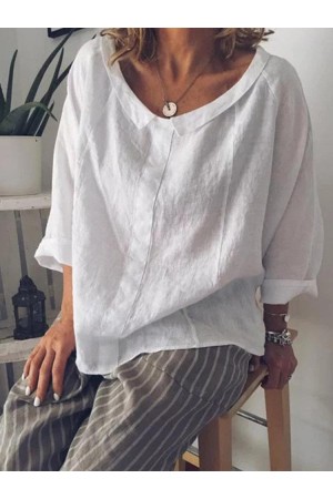 Lapel Solid Color Loose 3/4 Sleeve Casual Blouse