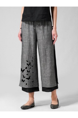 Butterflies Print Layered Frog Button Pants For Women