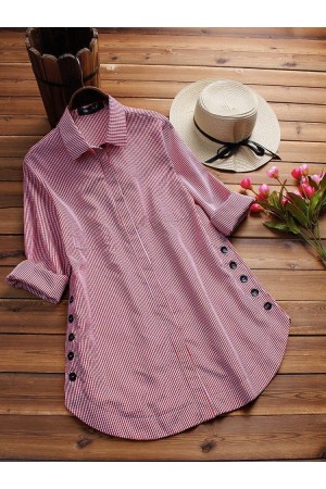Casual Plaid Print Side Buttons Long Sleeve Blouses