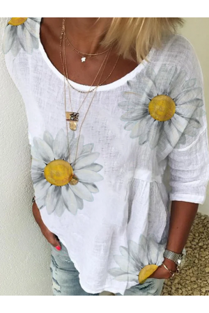 Casual Floral Printed Short Sleeve Cotton Shirts & Tops