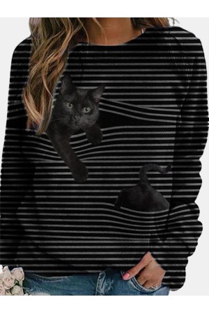Cat Print Long Sleeve Black Striped Plus Size Tshirt