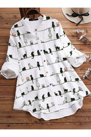 New Cute Cat Printed Long Sleeve Shirt