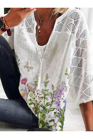 FloralPrint Casual V Neck 3/4 Sleeve Shirts & Tops