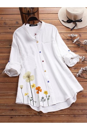 Flower Print Colorful Button Long Sleeve Shirt For Women