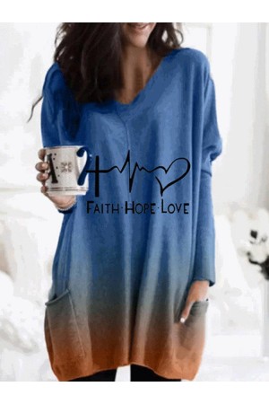 Letter Print Vneck Gradient Long Sleeve Blouse For Women