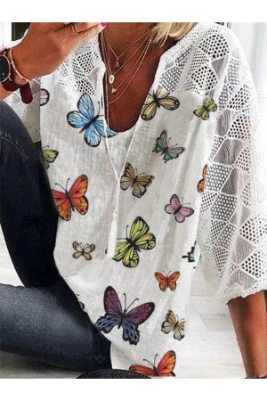 3/4 Sleeve Printed Casual CottonBlend Shirts & Tops