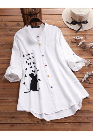 Cat Print Long Sleeve Blouse Colorful Button Shirt