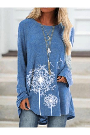 Crew Neck Floral Long Sleeve Shirts & Tops