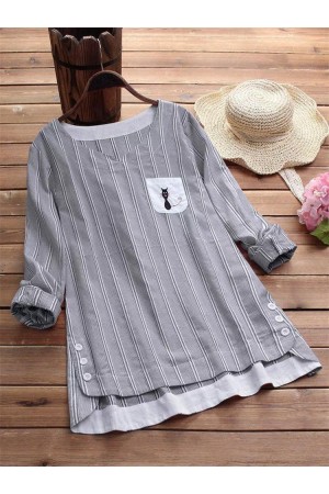 Vintage Cotton Side Buttons Embroidered Blouse
