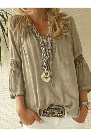 Women Blouse Coffee Casual 3/4 Sleeve Blouse