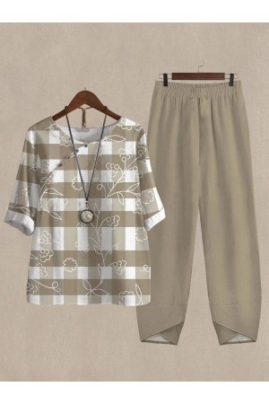 Vintage Plaid Floral Print Casual Twopiece Suits