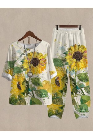 Vintage Sunflower Print Loose Fit Casual Two Piece Suits