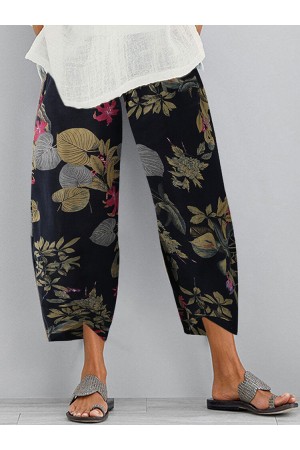 Vintage Floral Print Elastic Waist Casual Pants