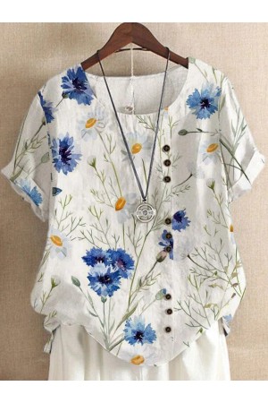 Floral Print Round Neck Buttons Short Sleeves Tshirt