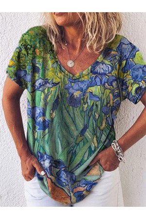 Irises Print Round Neck Short Sleeves Tshirt