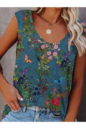 Floral Print Round Neck Sleeveless Tank Tops