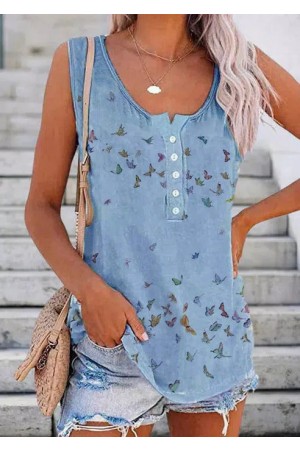 Butterfly Print Round Neck Sleeveless Tank Tops