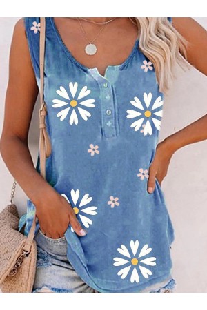 Floral Print Buttons Sleeveless Tank Tops
