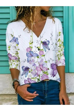 Butterfly Print Vneck Long Sleeves Tops