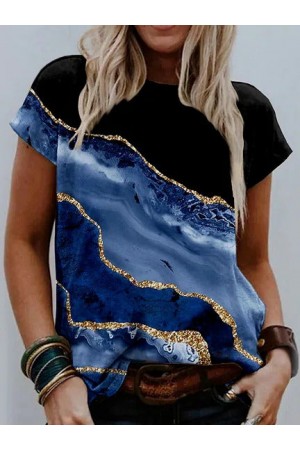 Marbling Print Crew Neck Short Sleeves Tshirt