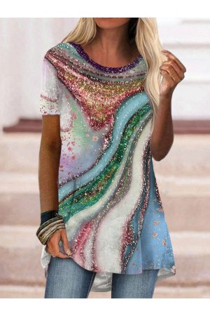 Ombre Print Round Neck Short Sleeves Tops