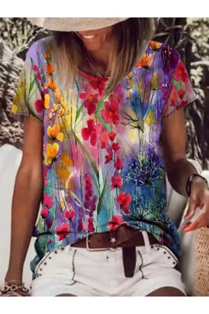 Floral Print Round Neck Short Sleeves Tshirt