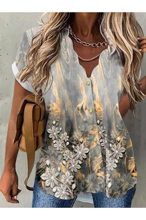 Floral Print Vneck Short Sleeves Blouse