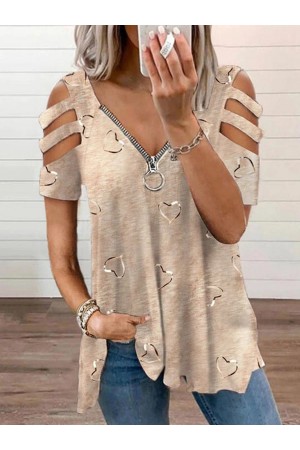 Heart Print Vneck Zipper Short Sleeves Tshirt